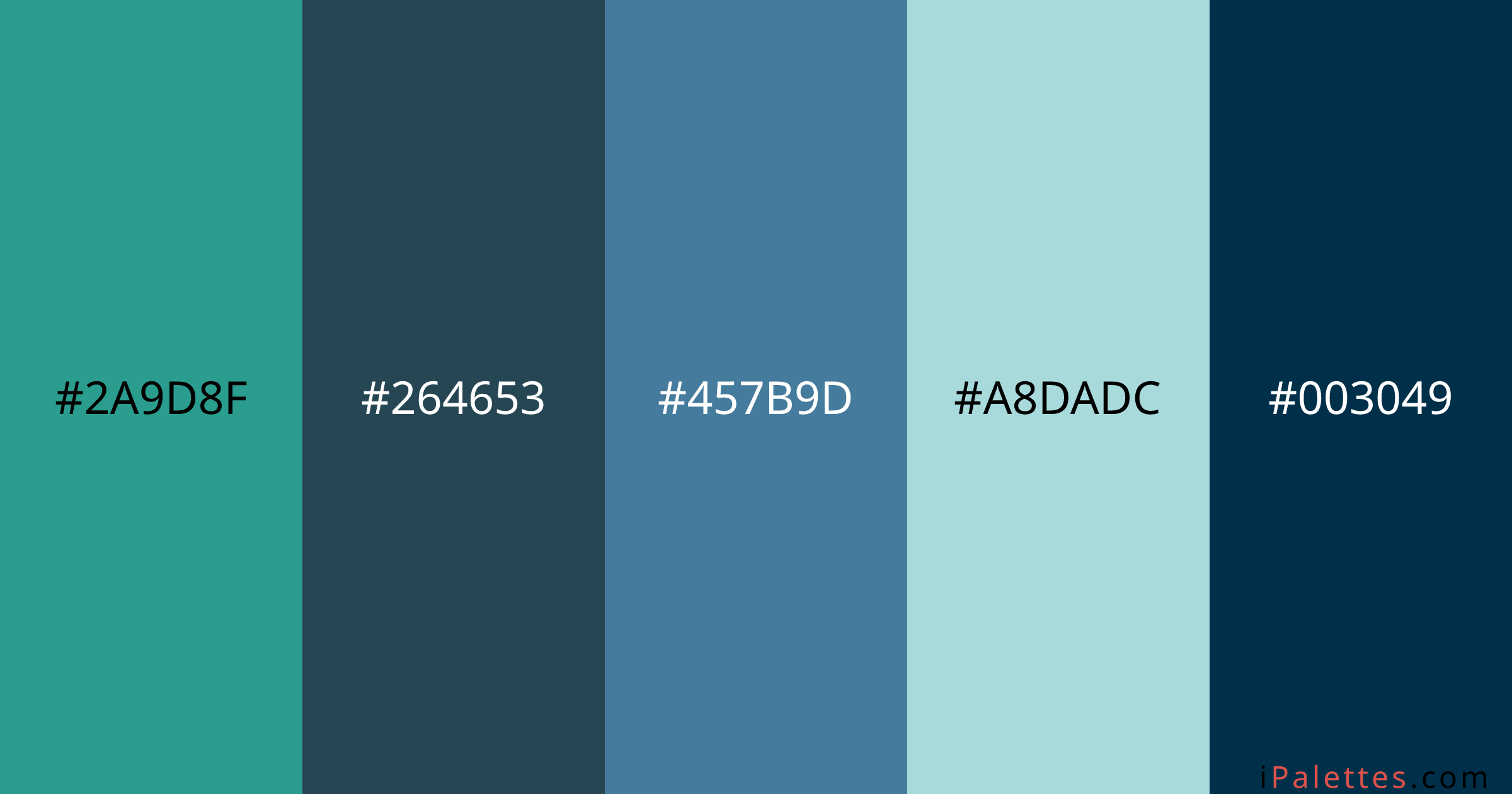 Ocean Color Palette and colors #2A9D8F #264653 #457B9D #A8DADC #003049 ...