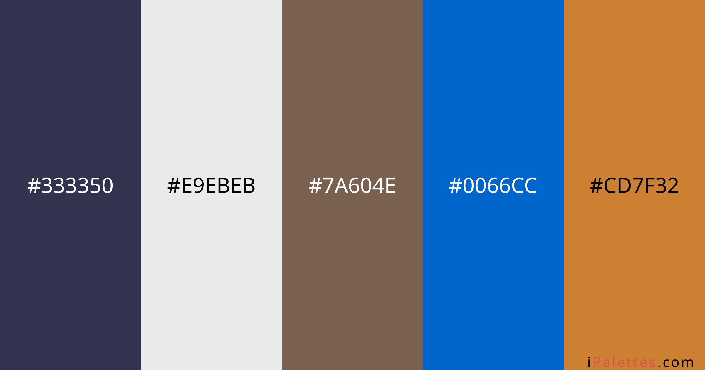 Dandy Color Palette and colors #333350 #e9ebeb #7a604e #0066cc #cd7f32 ...