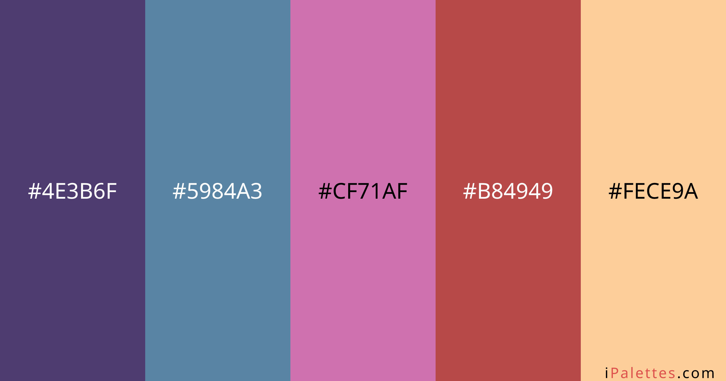 Arcane Color Palette and colors #4e3b6f #5984a3 #cf71af #b84949 #fece9a ...