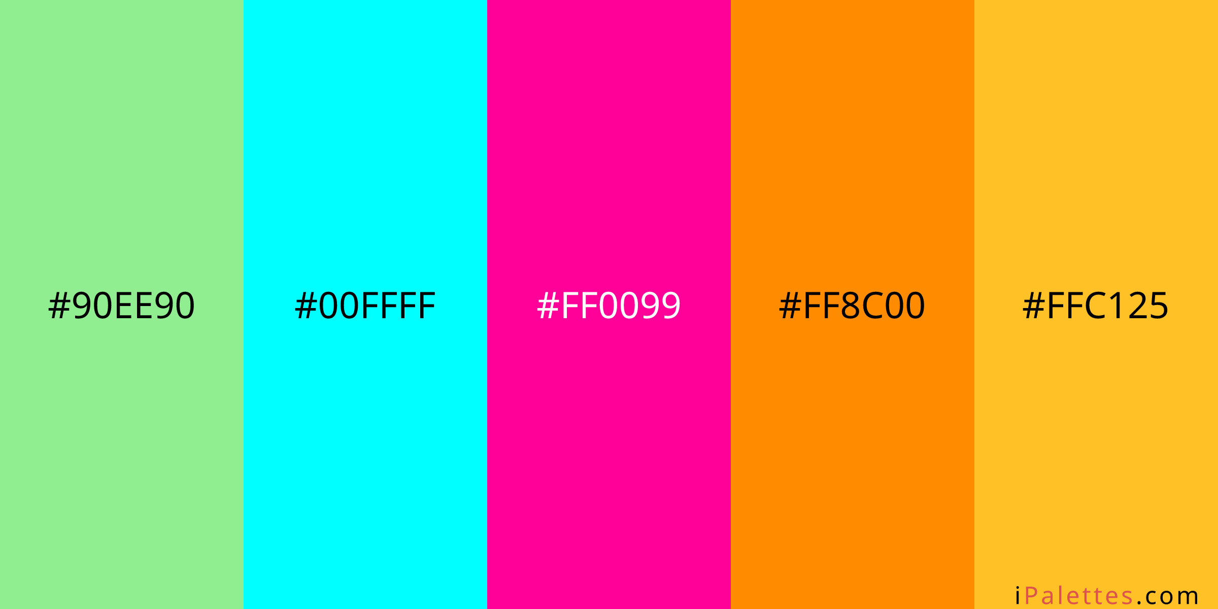 Hyperliquid Color Palette and colors #90ee90 #00ffff #ff0099 #ff8c00  #ffc125 - IPalettes