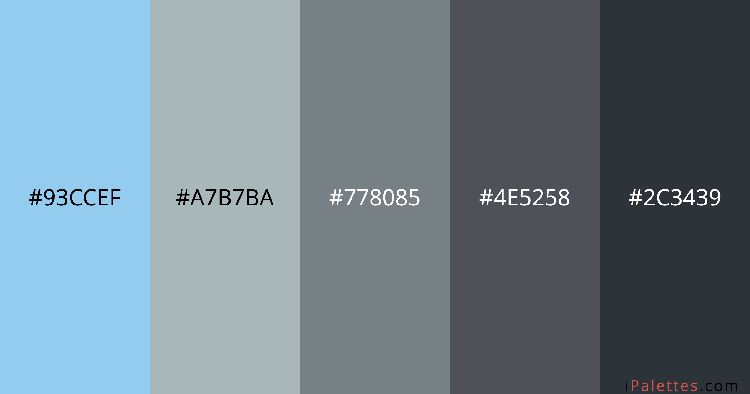 Windchill Color Palette and colors #93ccef #a7b7ba #778085 #4e5258 ...