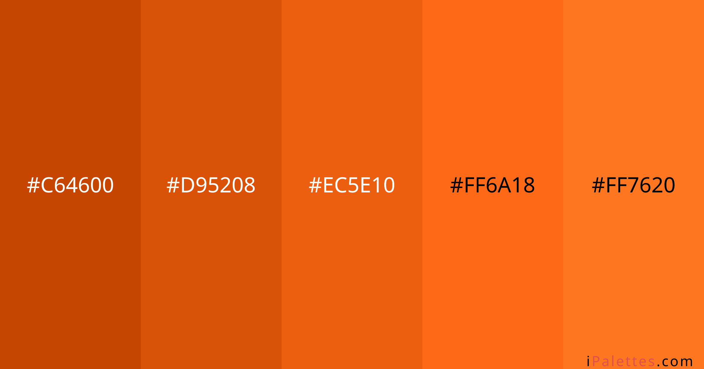 Sinopia Color Palette and colors #C64600 #D95208 #EC5E10 #FF6A18 # ...