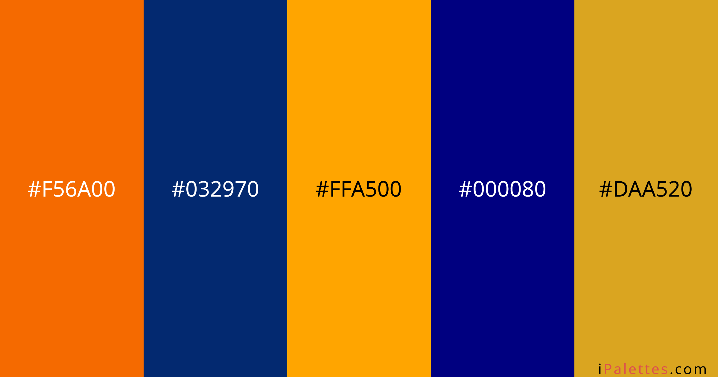 Auburn Color Palette and colors #F56A00 #032970 #FFA500 #000080 #DAA520 ...