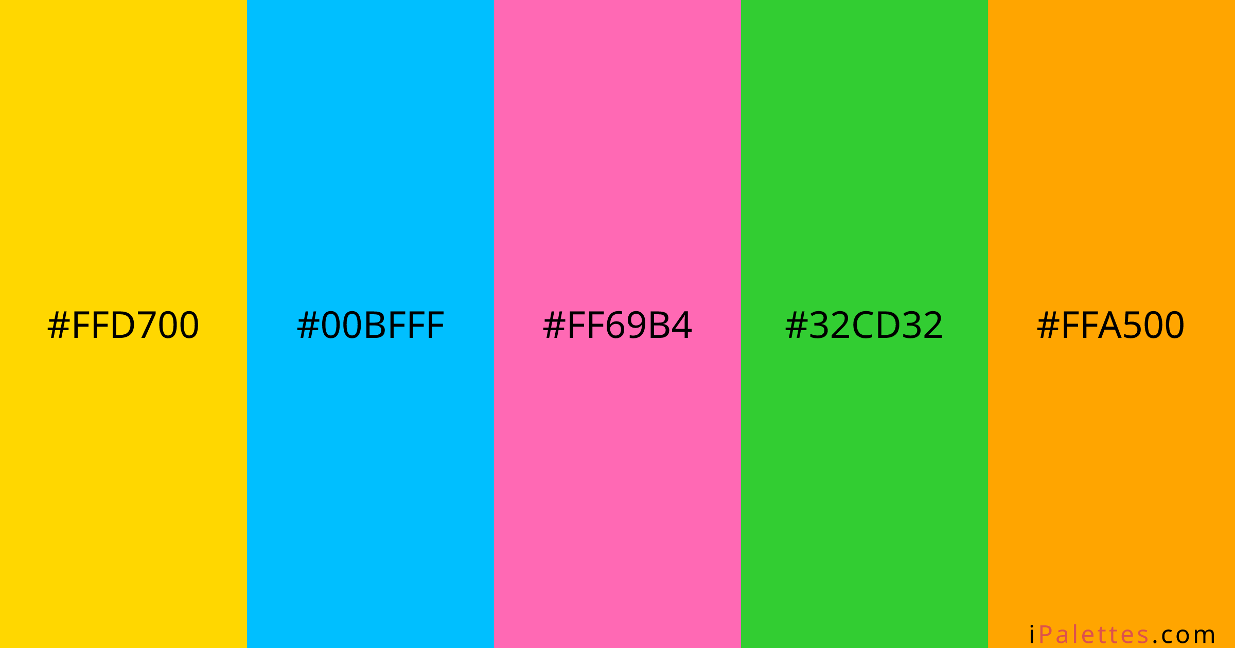 Kidcore Color Palette and colors #FFD700 #00BFFF #FF69B4 #32CD32 # ...
