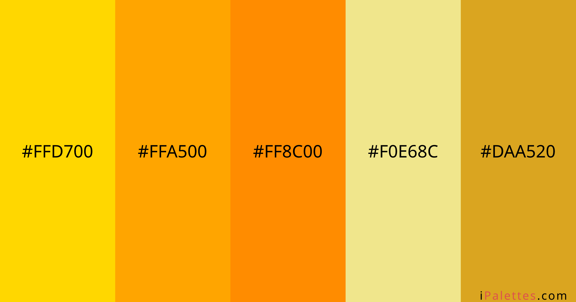 Mango Color Palette and colors #FFD700 #FFA500 #FF8C00 #F0E68C #DAA520 ...