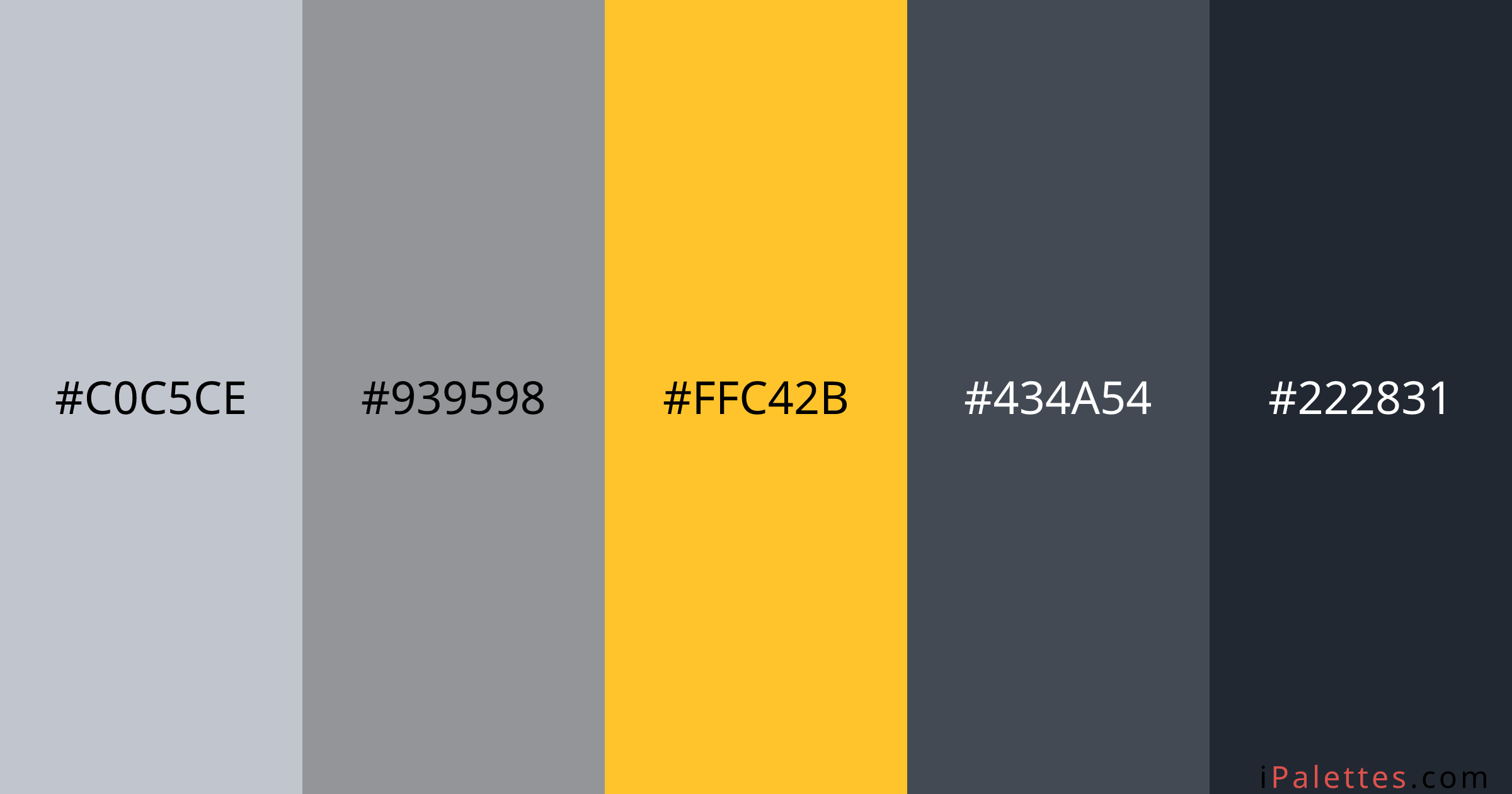 Art gallery Color Palette and colors #c0c5ce #939598 #ffc42b #434a54 ...