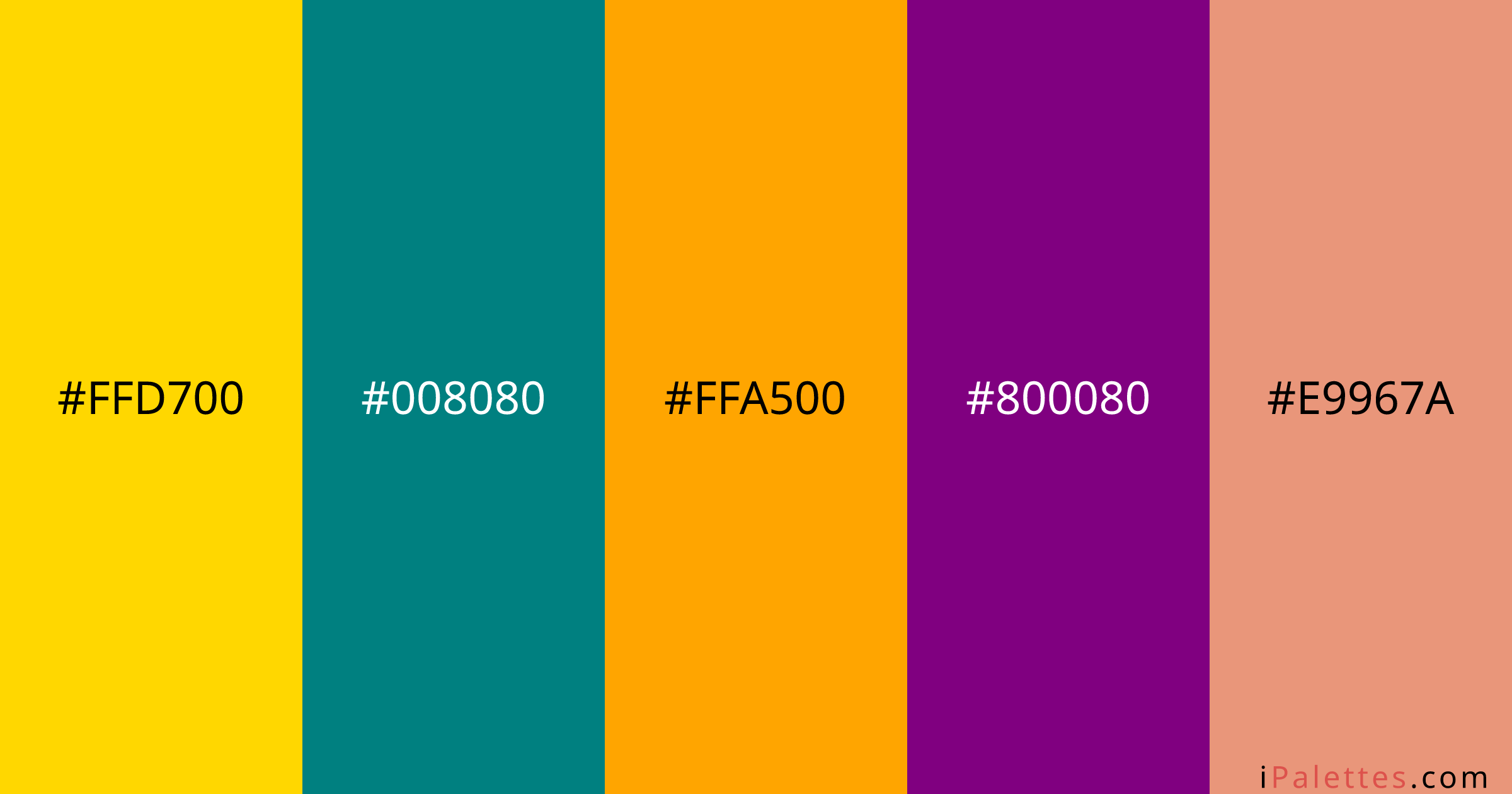 70s Color Palette and colors #ffd700 #008080 #ffa500 #800080 #e9967a ...