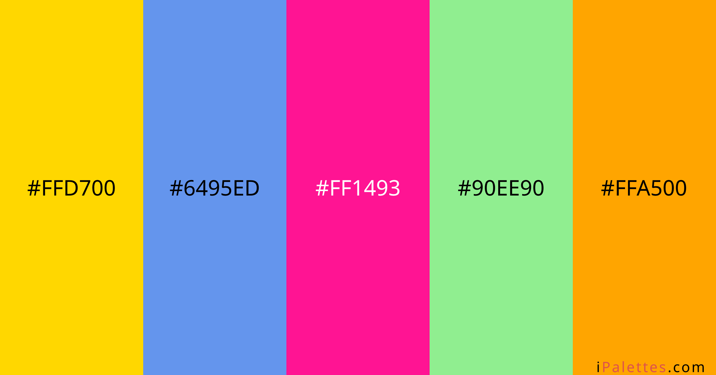 Cosmo Color Palette and colors #ffd700 #6495ed #ff1493 #90ee90 #ffa500 ...